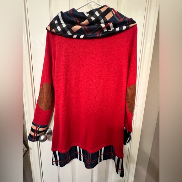 Alaster Queen long sleeved dress with plaid cowl neck and elbow patches, size M - Picture 4 of 7